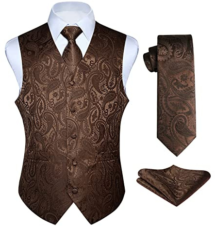 Enlision Gilet Costume brun Homme Mariage Paisley Ensemble de Cravate et Pochette Jacquard Gilets sans Manche pour Fête 3XL