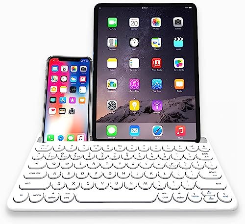 Macally Teclado Bluetooth para Tableta, Teclado inalámbrico para iPad Mini/Air/Mini, iPhone (multidispositivo, Soporte Integrado, Recargable) fácil de Usar y Lindo portátil, Color Blanco