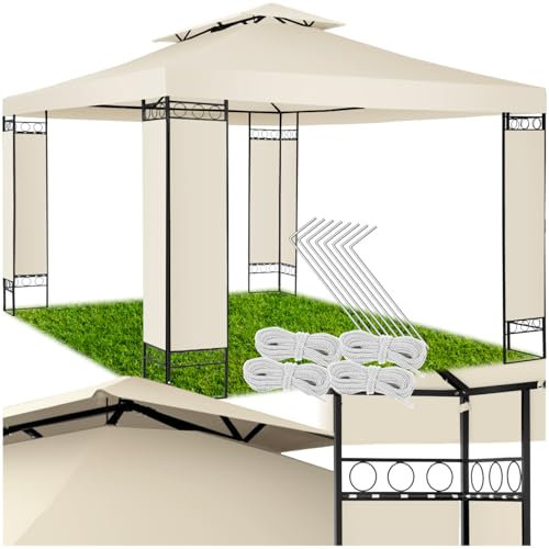 tectake® Gartenpavillon 390 x 290 x 265 cm, Pavillon mit stoffbezogenen Eckelementen, wasserfest und UV-beständig, Stabiler als EIN Faltpavillon, Partyzelt für Garten Terrasse Camping - Creme