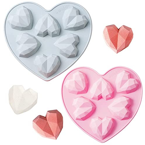 2 moldes de silicona con diamantes en 3D para hacer uno mismo, forma de corazón, molde de silicona con forma de corazón, forma de corazón, para magdalenas, brownies, chocolate, gelatina, pudín, jabón