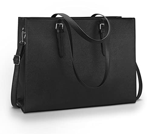Aucuu Handtasche Shopper Laptoptasche Damen 15,6 Zoll, Elegant Leicht PU Leder Einkaufstasche Umhängetasche, Große Schultertasche Tote Bag Aktentasche für Arbeit Büro Schule Reisen Einkaufen-Schwarz