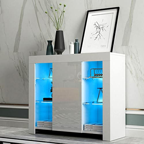 LEMROE Sideboard with LED Lights Display Cabinet with 8 Shelves and 1 High Gloss Door Cupboard Storage Unit for Hallway Living Room Bedroom (White)
