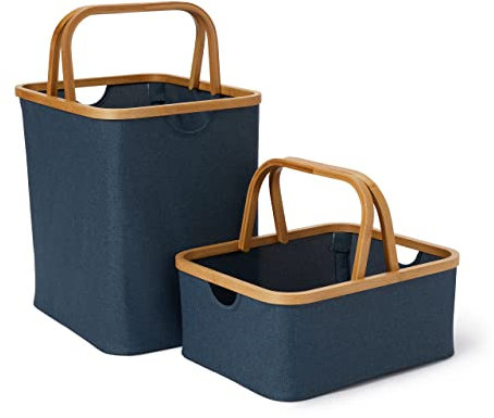 Lumaland - Lot de 2 Paniers de rangement avec cadre et poignées en bambou - Paniers à linge pliables - Pour Salle de Bain Chambre ou Salon - dimensions 40,5 x 33 x 17 cm & 40,5 x 33 x 42 cm - Bleu