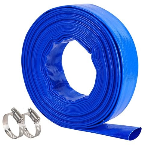 Geowaky Pool-Rückspülschlauch, 3,8 cm x 7,6 m, blau, strapazierfähig, verstärkt, PVC, flacher Wasserablaufschlauch für Schwimmbad-Filterpumpe, mit 1 Klemme