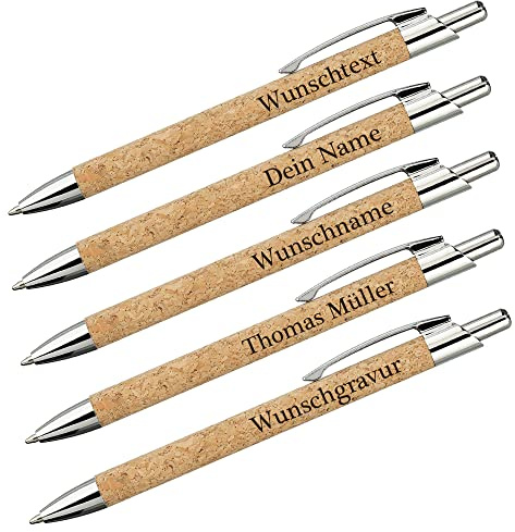 polar-effekt Kugelschreiber Kork 5er-Set mit Wunschgravur - Druckkugelschreiber mit Name - ergonomisch - aus Aluminium - für Büro und Schule