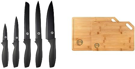 MasterChef Set Coltelli da Cucina Professionali, Collezione da Chef, Nero & Tagliere Cucina Grande e Medio, Taglia per Aperitivo, Pane, Carne con Foro per Poterlo Appendere Bamboo