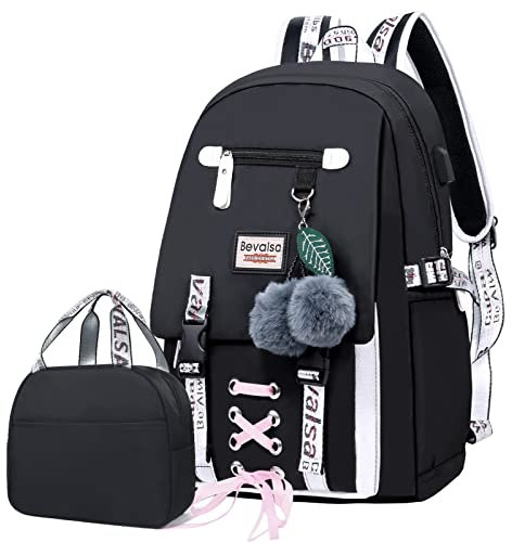 Bevalsa Schulrucksack Mädchen Teenager Damen Schulranzen Schultasche Modisch Freizeit Rucksack Campus Laptop Backpack 47cm 24 litres groß Nylon Wasserdicht Daypack (Schwarz Kit)