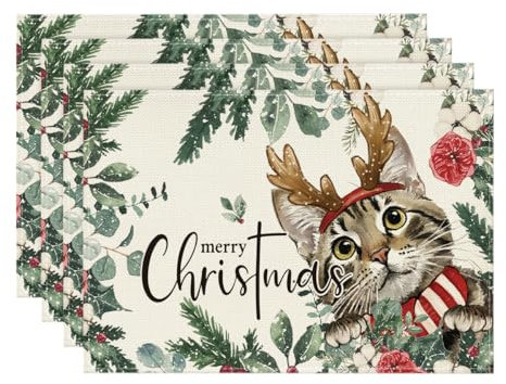 Artoid Mode Holly Blumen Eukalyptus Katze Weihnachten Platzsets 4er Set, 30x45cm Urlaub Bankett Tischsets Waschbar Platzdeckchen Küche Party Deko
