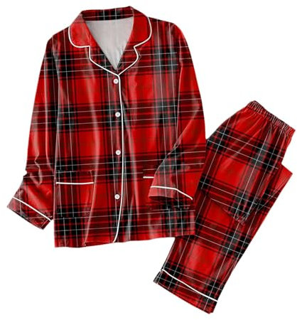 ROYIYI Ensemble Pyjama avec Chemise à Carreaux Femme Vêtement de Nuit Manche Longue Boutonne Devant Automne et Hiver Respirant Doux Vêtements de Nuit 2 Pièces Grande Taille