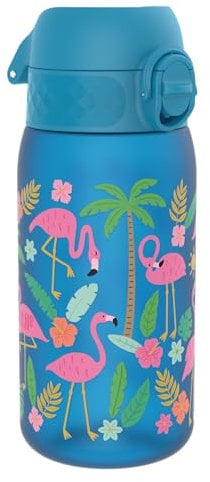 Ion8 Gourde Enfant, 350ml, Anti-Fuite, Facile à Ouvrir, Verrouillage Sécurisé, Lavable en Lave-Vaisselle, Sans BPA, Poignée de Transport, Facile à Nettoyer, Carbone Neutre, Flamants Roses