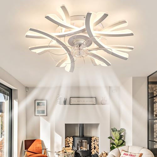 Caufloce Ceiling Fans with Lights Reversible Bedroom Ceiling Fans with Lamps Dimmable Led Fan Light 6 Speed with Timer Modern Living Roomchandelier with Fan for Kitchen Lounge-60cm White