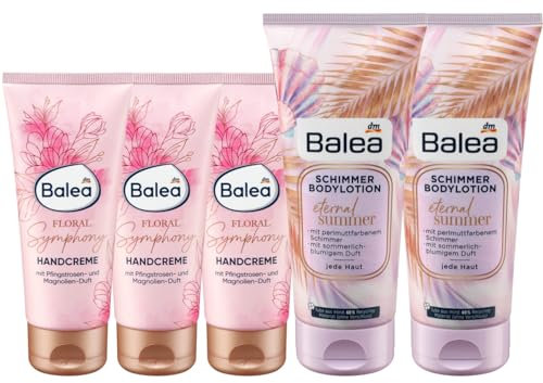 Balea 5er-Set Hautpflege: Handcreme FLORAL SYMPHONY Pfingstrose & Magnolie mit blumig-pudrigem Duft (3 x 100 ml) + schimmernde Bodylotion ETERNAL SUMMER Schimmerlotion Perlmutt (2 x 200 ml), 700 ml