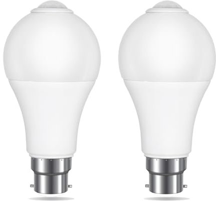 PIR Motion Sensor LED Bulbs B22 12W Cool White 6000K 1000LM, Detection Angle 120°, Auto on Off, AC 230V, B22 BC Bayonet Motion Sensor Ceiling Light Bulb for Porch Stairs Entrance, 2pcs