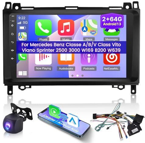 [2+64G]Autoradio Android 13 per Mercedes Benz Classe A/B/V Class Vito Viano Sprinter 2500 3000 W169 B200 W639 - Radio Touchscreen da 9 Pollici con Carplay & Android Auto DSP + Telecamera di Backup AHD