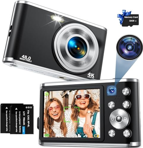 Digital Camera, AutoFocus 4K Vlogging Camera with Dual Camera 48MP 16X Digital Zoom Kids Compact Camera with 32GB Memory Card Portable Point and Shoot Cameras for Teens Beginner