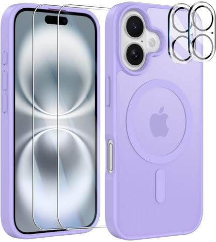 YisrLery 5-in-1 Kompatibel mit iPhone 16 Hülle für Mag Safe mit 2 Stück Schutzfolie und 2 Stück Kameraschutz Militärnorm Schutz, PC Kratzresistente Rückseite Magnetische Hülle 6.1- Lila