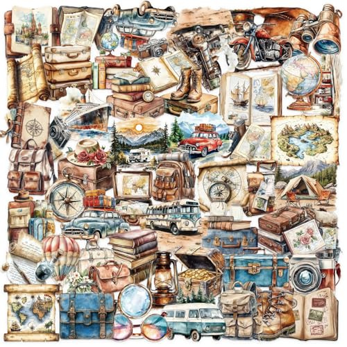 50 Stück Vintage Aufkleber für Kinder Mädchen Jugendliche Erwachsene,Retro Outdoor Reisen Abenteuer Stickers für Scrapbook Journal Kindle Wasserflaschen Laptop Auto Fahrrad Helm Gitarre Koffer