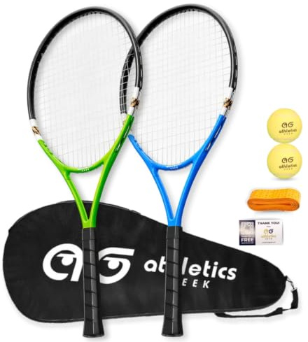 Athletics Geek Tennis Rackets 2 Pack for Beginners - Two-Color Variety Pack with 2 Tennis Ball, Grip Tape, Offer Cards & Carry Bag - Lightweight, 27 Inch Tennis Racquets for Boys & Girls Ages 12+