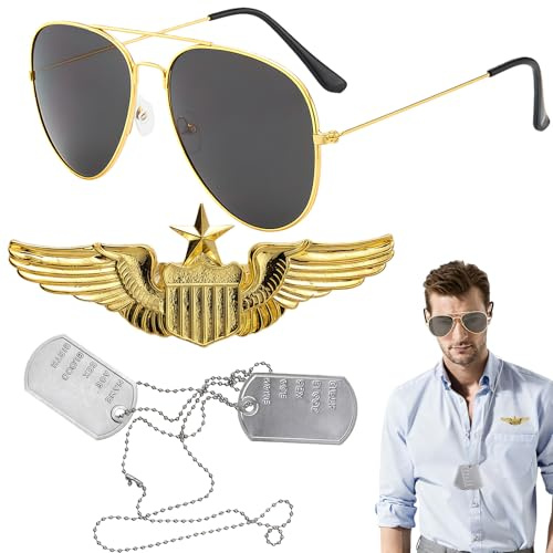 GWAWG Top Gun Kostüm für Herren, 3-teiliges Piloten-Set, Pilotenbrille, Goldflügelabzeichen, Kostüm Tag des Sieges, Verkleidung für Halloween, Cosplay und Partys