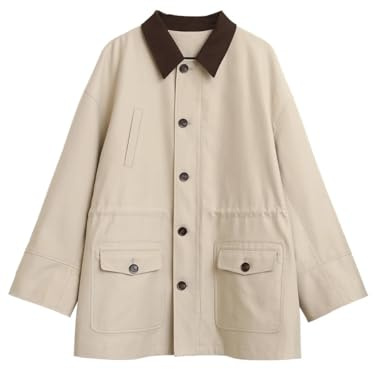HCGX Trench-coat mi-long oversize for femme avec col contrasté en velours côtelé | Coupe-vent ample et décontracté for l'automne(M)