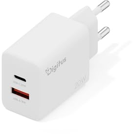 DIGITUS USB-C Ladegerät – 20W – 1x USB-C, 1x Typ-A – 2 Ports | Schnellladegerät geeignet für Handys, Tablets, Smartwatches und Bluetooth-Kopfhörer – Weiß