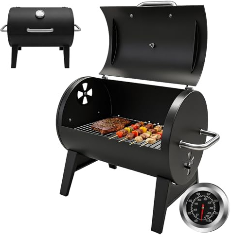 kisidus Barbecue a carbonella con termometro integrato, design a barile, da campeggio, a carbone, 43 x 32 cm, nero