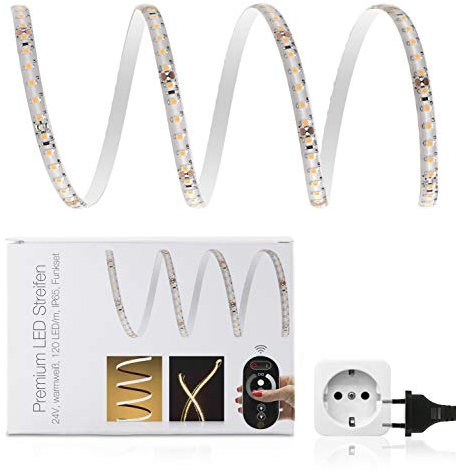 LED Universum 10 Meter Premium LED Streifen warmweiß, 120 LED/m, IP65, 24V, 3528 SMD, 10W/m, 700 lm/m, inkl. 3A-Netzteil, für Wohn-, Schlafzimmer, Balkon, Terrasse