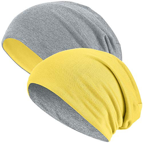 Hatstar® 2in1 Reversible Unisex Beanie | Damen und Herren Mütze | Übergangsmütze für Frühling und Sommer | SoftTouch Poly - Baumwolle | leicht & weich (2 in 1 hellgrau/gelb)