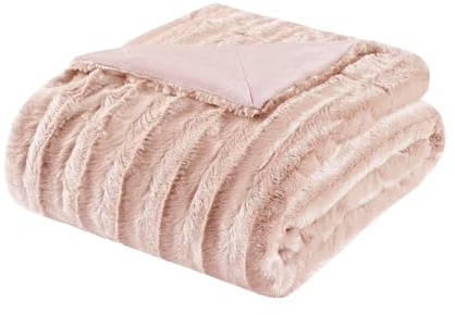 Madison Park Duke Faux Fur Throw Blanket for Sofa, 50 x 60, Blush
