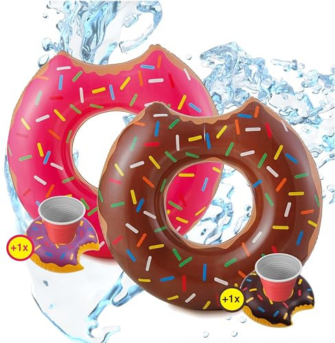 2X XXL Aufblasbarer Ø 120 cm Donut braun & pink Schwimmring mit 1x aufblasbaren Getränkehalter für Cocktails, Getränke UVM.