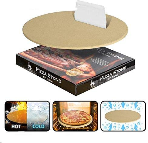 LifeSmart Stoneware Round Pizza Stone, 13 inches, Crispy Crust, Heat Safe for Use on Grills and in Ovens, Includes Scraper