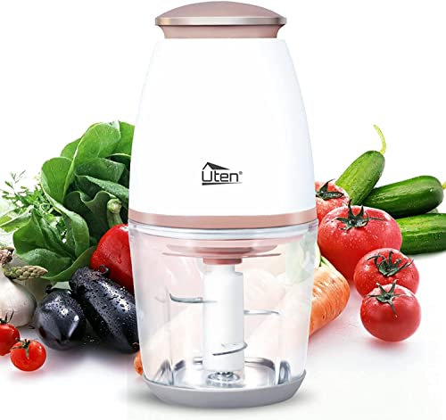 Uten Mini Zerkleinerer, 700mL Elektrisch Küche Mixbehälter Zwiebelschneider Spritzfest Fleischwolf mit 4-flügeliges Spezialmesser für Fleisch, Smoothie,Zwiebeln, Obst, Gemüse