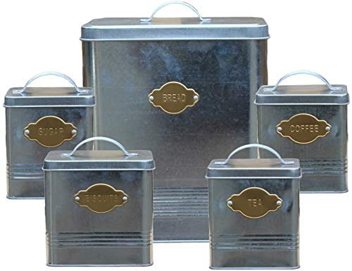 Muddy Hands 5 Piece Vintage Metal Kitchen Canister Set with Lid - Storage Containers for Biscuits Bread Coffee Sugar Tea