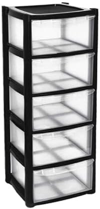 VTL® 5 Plastic Storage Drawers - Large Tower - Black Colour - Tall Tower