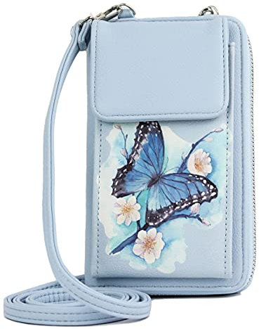 irisaa Kleine Handy Umhängetasche, Geldbörse Damen Brieftasche RFID Schutz Crossbody Handytasche Reisepass mit Kartenfächern und Verstellbarem Schultergurt, Damen Tasche:Blau Schmetterling