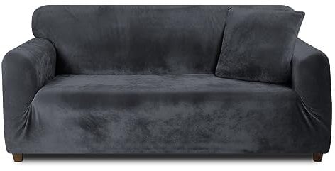 Teynewer Thick Velvet Sofa Covers 1 2 3 4 Seater High Stretch Non-Slip Couch Cover Furniture Protector Plush Sofa Slipcovers with 1 pillowcase for Living Room Dogs Cat Pet (2 Seater, Dark Grey)