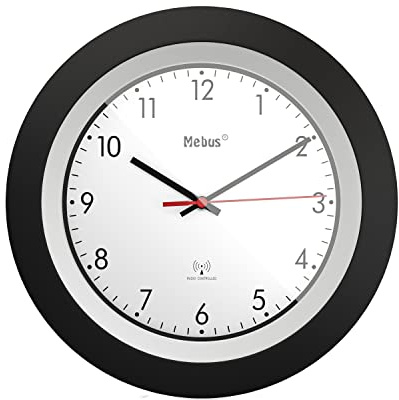 Mebus Funk-Wanduhr/klassisches Model/schwarzer Rahmen/weißes Zifferblatt / 30 cm Durchmesser/Rund/Funkuhr (DCF77) / Modell: 19447 / Farbe: Schwarz, Weiß