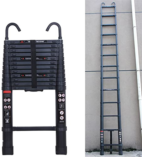 Escalera telescópica de Aluminio de 3,8 m con 2 Ganchos, 13 peldaños, Escalera de extensión, para Uso doméstico en Exteriores e Interiores, Capacidad de 150 kg