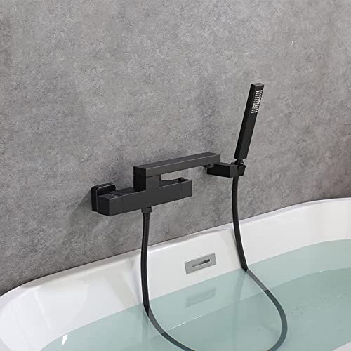 Duscharmatur mit Thermostat Schwarz Badewannenarmatur Schwarz Duschgarnitur Badewannenauslauf Drehen Wasserhahn Bad Wandmontage mit Handbrause