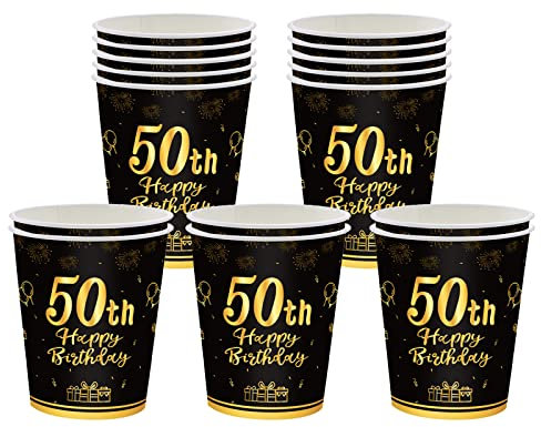 Lot de 16 gobelets jetables en carton pour 50e anniversaire, noirs et dorés, 235 ml, pour fête