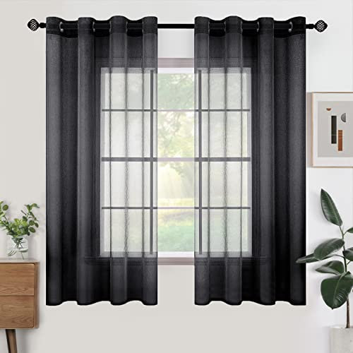Woaboy Voile Gardinen Kurz Vorhänge Transparent Wohnzimmer mit Ösen Stores Gardinen Schlafzimmer Ösenvorhang Scheibengardine Schlaufengardinen Modern 2er Set 140x145 cm (B x H) Schwarz