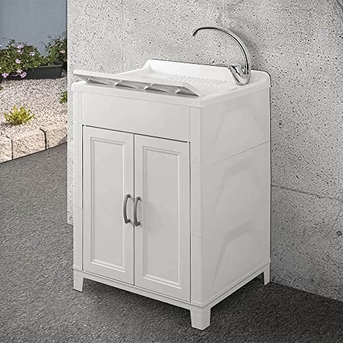 Mobile lavatoio lavanderia 60x50, ideale per esterno e interno, resina PVC bianco in kit di montaggio, INCLUDE asse e kit di scarico (60x50)