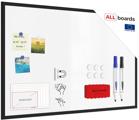 ALLboards Whiteboard mit schwarzem Rahmen 90x60cm Magnettafel Weiß Magnetisch, Trocken Abwischbar