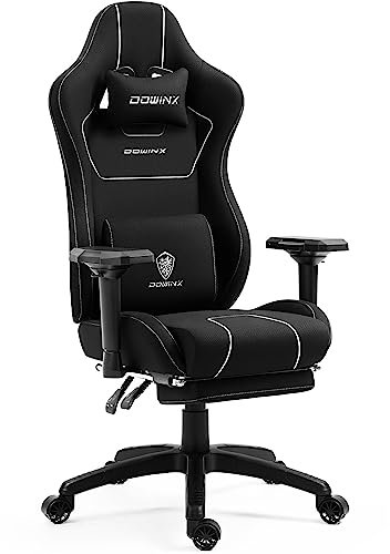 Dowinx Gaming Stuhl Stoff mit Taschenfederkissen, Ergonomischer Gaming Sessel mit Massagefunktion, PC Bürostuhl Groß und Hoch mit Fußstützen XXL, Schwarz