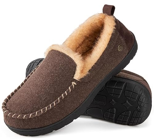 HomeTop Men's Classic Moccasin Slippers Comfy Fuzzy Warm Memory Foam Indoor House Shoes Coffee,10 UK