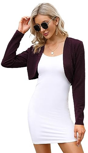 KOJOOIN Damen Bolero Festlich Pailletten Bolero Glitzer Strickjacke Elegant Kurz Cardigan Bolerojacke Langarm Open Front Shrug Cardigan Casual Top Rotwein XL