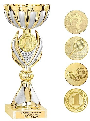 KDO MAGIC Trophée Personnalisable - Coupe personnalisée avec Texte - Gravure - Plusieurs modèles - Or et Argent - Cadeau fête des Pères, Anniversaire, Sport (Modèle Basket)