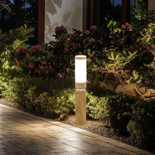 Globo Standleuchte Sockelleuchte Außen rund Sockellampe Aussenbereich Edelstahl Terrassen, Holz Optik mit Deko LED, 1x E27, DxH 11,7 x 50 cm