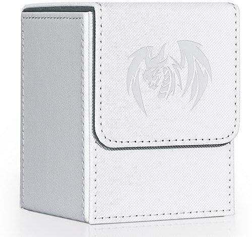 UAONO Card Deck Box for Yugioh MTG Cards, 100+ Deck Case with 2 Dividers Fits TCG CCG, PU Leather Card Storage Box Compatible with Collectible Trading Cards (White, Sky Dragon)