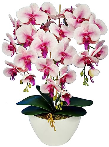 Damich Artificial Orchid in a Flower Pot Plant Artificial Flower Decoration 3-flowering Branches Height About 60cm (Pink)